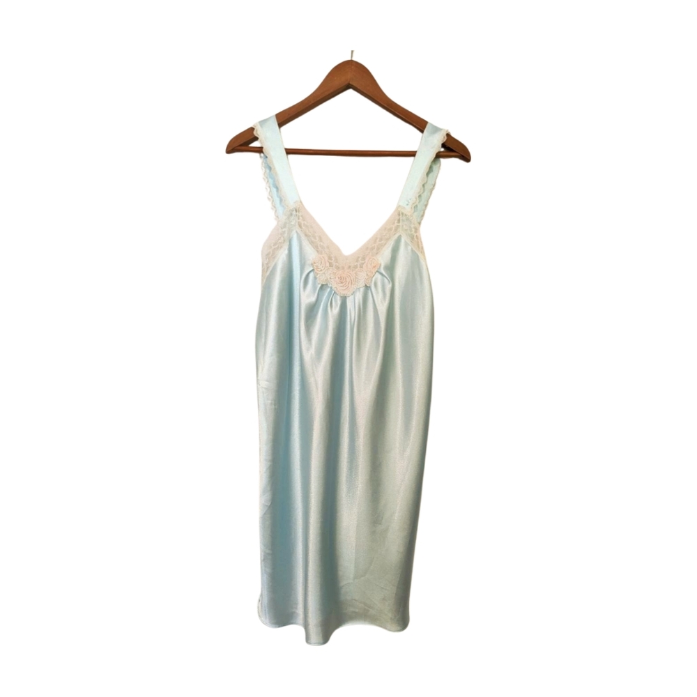 Vintage Barbizon Chemise Nightie Rose Applique Liquid Satin M Lingerie 90s Blue